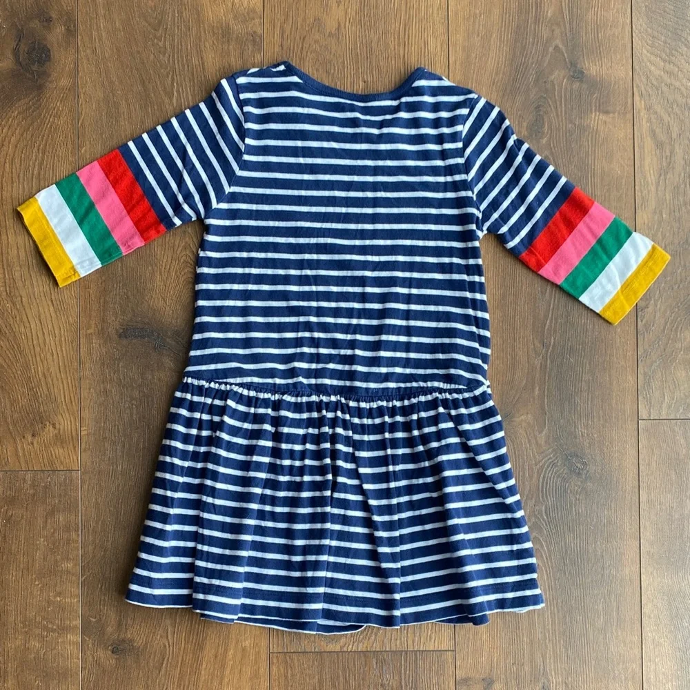 Mini Boden Girls Blue Stripe T-Shirt Dress Rainbow Sleeves Age 4–5 110cm